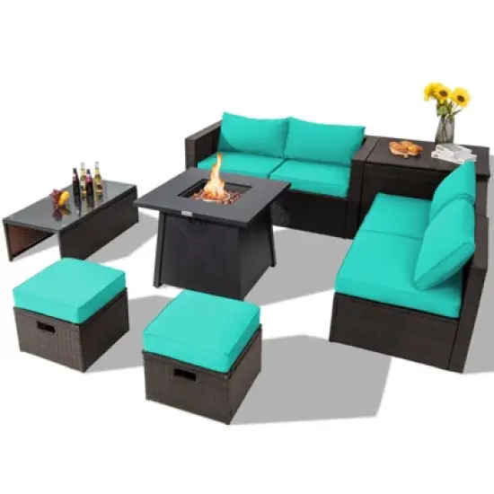 Tangkula 9PCS Outdoor Patio Furniture Set with 30" Propane Fire Pit Table PE Wicker Space-Saving Sectional Sofa Set w/ Storage Box & Cushions image {14}
