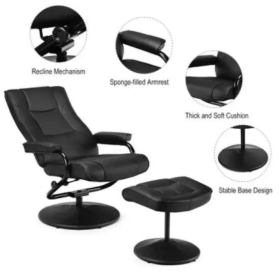 Costway Recliner Chair Swivel PU Leather Lounge Accent Armchair w/ Ottoman Black image {9}