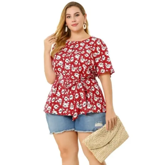 Agnes Orinda Women's Plus Size Ruffle Short Sleeve Chiffon Floral Blouse image {2}