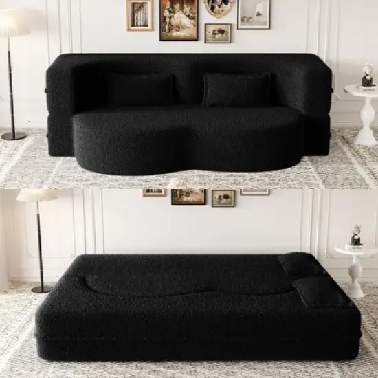 Modern Floor Sofa with 2 Pillows, Convertible Teddy Fabric Full-Size Folding Sofa Bed, 15" Foam Mattress for Living Room, Guest Bed, Playroom image {13}