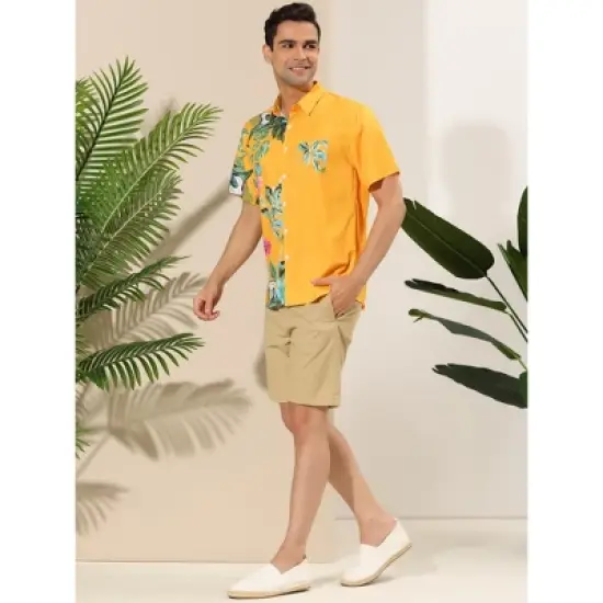 Lars Amadeus Men's Hawaiian Shirt Short Sleeves Summer Patchwork Floral Leaf Shirts image {3}