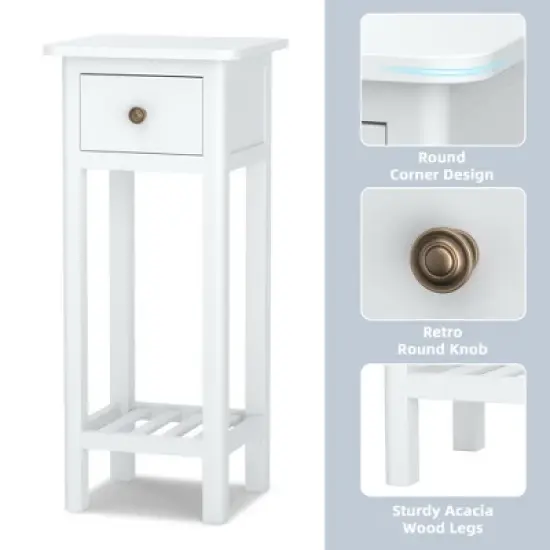 Costway 2PCS 2 Tier End Bedside Sofa Side Table with Drawer Shelf Acacia Wood Nightstand White image {7}