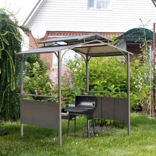 Outsunny 8'x5' BBQ Grill Gazebo with 2 Side Shelves, Outdoor Double Tiered Interlaced Polycarbonate Roof with Steel Frame, Brown image {2}