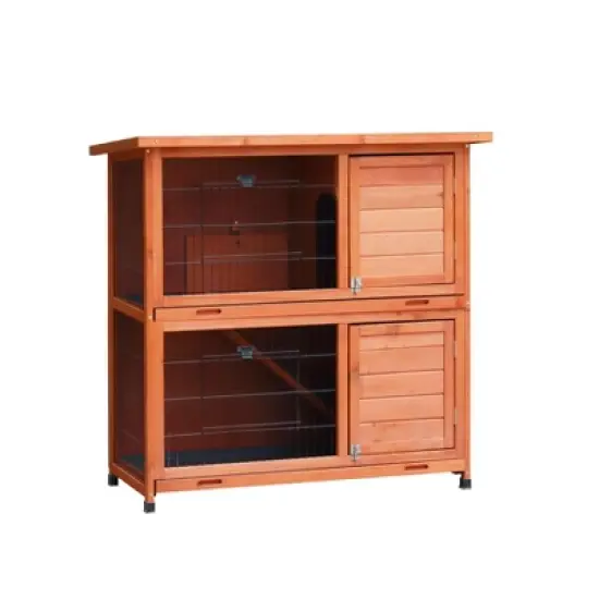 Akoasm 41 inch 2-Story Rabbit Cage with 2 Removable No-Leak Trays, Non-Slip Ramp, Waterproof Roof, Fence-Natural image {7}