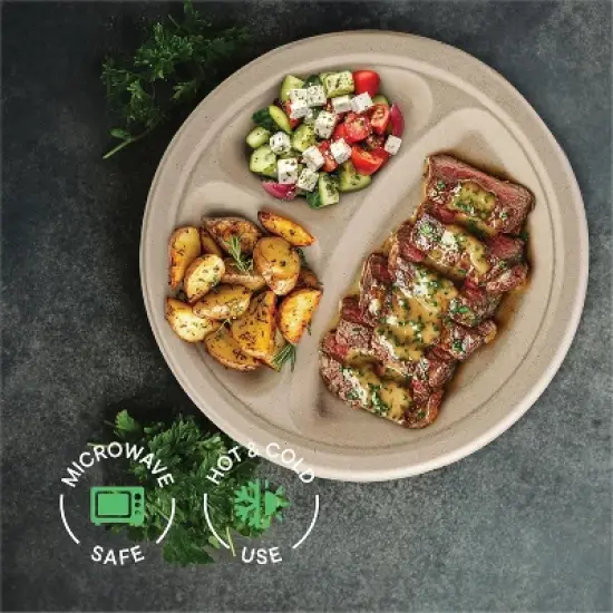 Attop 100% Compostable, 3 Compartment, Disposable Paper Plates [125-Pack] [10 Inch] Heavy Duty Divided Platte Tray image {3}