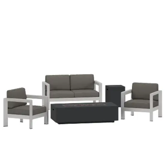 GDFStudio Alec Outdoor Aluminum 4 Seater Chat Set with Fire Pit image {11}
