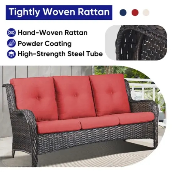 4 Pieces Outdoor Patio Furniture Set with Fire Pit Table, PE Resin All Weather Wicker Patio Propane Fire Pit Set with Patio Couch, Club Chairs in Red image {11}