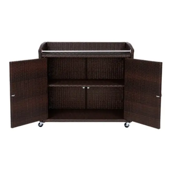 Teamson Home 39.5" Veronica Rolling Outdoor PE Rattan Bar Cart with Storage, Brown image {5}