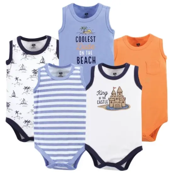 Hudson Baby Infant Boy Cotton Sleeveless Bodysuits 5pk, Sandcastle image {4}