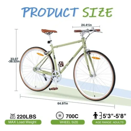 INFURNIC Bicycles Single Speed Retro 700C Road Bike with Steel Frame and Double Caliper Brakes for City Riding, Light Green, 64.97"*24.41"*38.52" image {3}