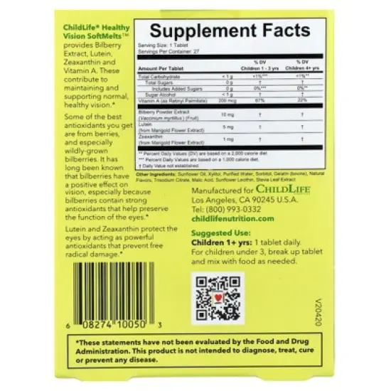 CHILDLIFE ESSENTIALS Healthy Vision SoftMelts - for Infants, Babies, Kids, Toddlers, Children, and Teenagers - Natural Berry Flavor - 27 Tablets image {1}