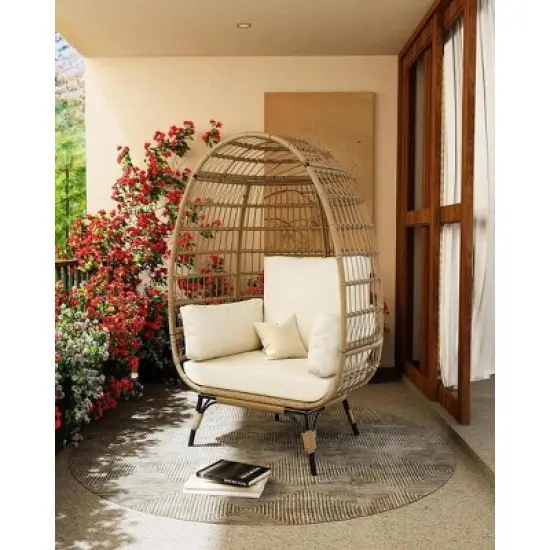 Oversize Rattan Egg Chair Outdoor Wicker Patio Lounge Chairs with Steel Frame Stand and 4 Cushions for Patio, Porch, Backyard, living rooms, Beige image {8}