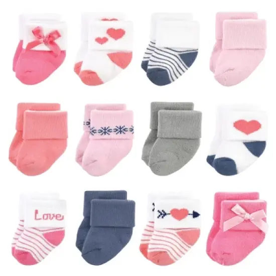 Hudson Baby Infant Girl Cotton Rich Newborn and Terry Socks, Love 12-Pack image {8}