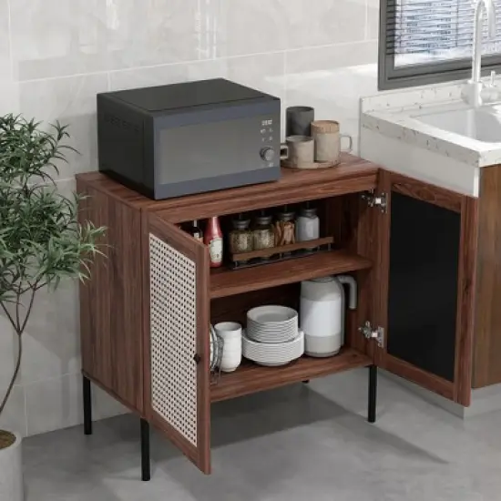 Costway Rattan Buffet Sideboard Wine Cabinet Cupboard with Adjustable Shelf Oak/Walnut image {4}