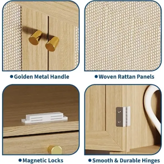 70" Tall Kitchen Pantry Cabinet, Handwoven Rattan Doors, Adjustable Shelves, 1 Drawer, Storage Cupboard, Oak Finish image {4}