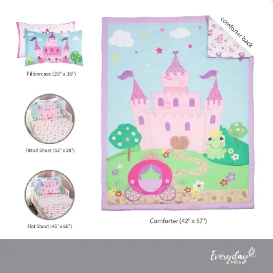 EVERYDAY KIDS Princess Storyland- 4 Piece Toddler Bedding Set Includes Comforter, Flat Sheet, Fitted Sheet and Reversible Pillowcase image {10}