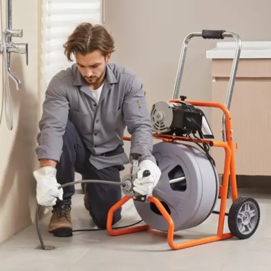 VEVOR Drain Cleaner Machine 75FT x 1/2 Inch, Auto Feed Sewer Snake Drain Auger on Wheels, Portable Drain Cleaning Machine, Gray image {1}