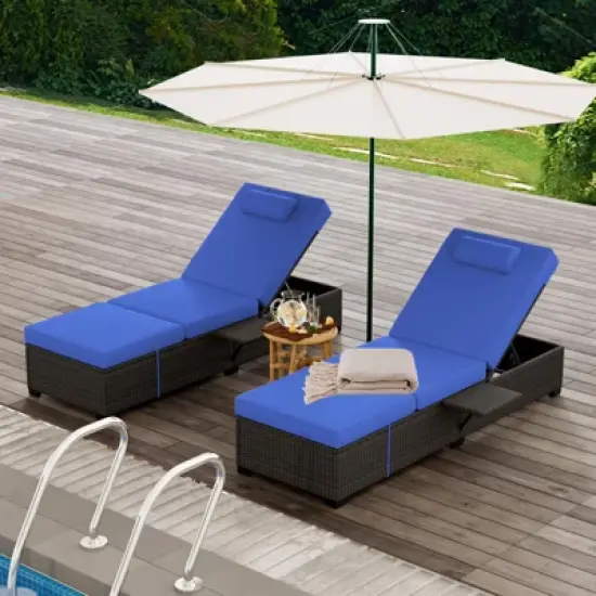 Outdoor Patio Chaise Lounge Chairs Set of 2, PE Wicker Pool Recliners with Adjustable Backrest, Storage Shelf and Cushions image {8}