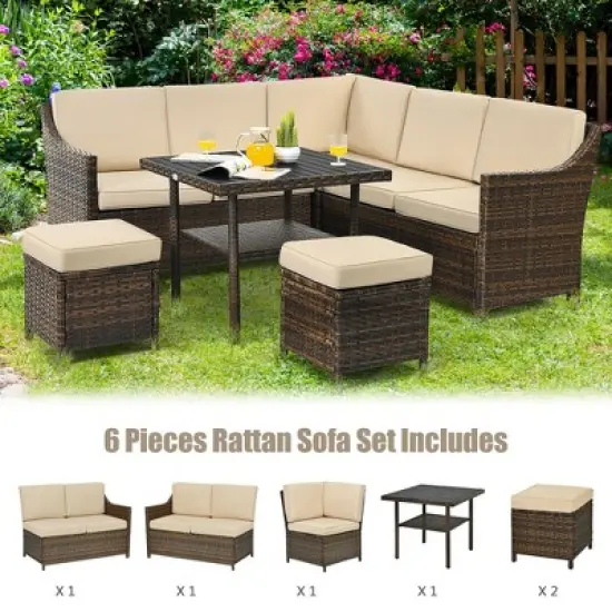 Costway 6PCS Patio Rattan Dining Sofa furniture Set Ottoman Table Lower Shelf image {7}