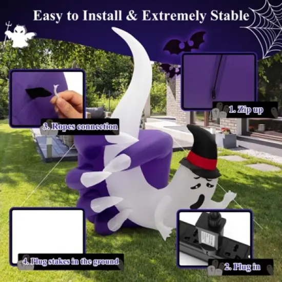 Tangkula 6FT Tall Halloween Inflatable Decoration, White Wizard Hat Decoration Grabbed in Hand Outdoor Decoration with Bright LED Lights image {6}