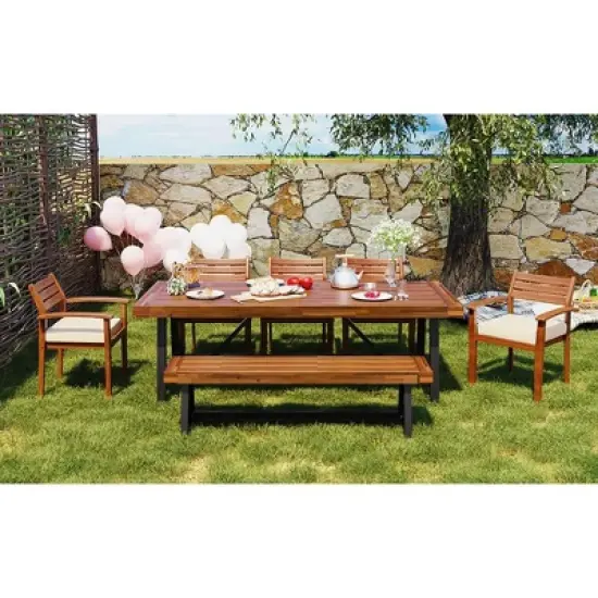 GO Outdoor Wood Dining Set For 7-8 Person, Outdoor Dining Furniture With Removable Cushions, Ergonomic Chairs And Bench, Thicker Table, Nature image {3}