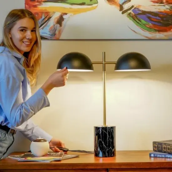 Gulches Black Double Table Lamp - 22.4" H X 20" W X 7.9" D, Faux Marble Base with On/Off Switch, for Living Room & Office Reading image {2}