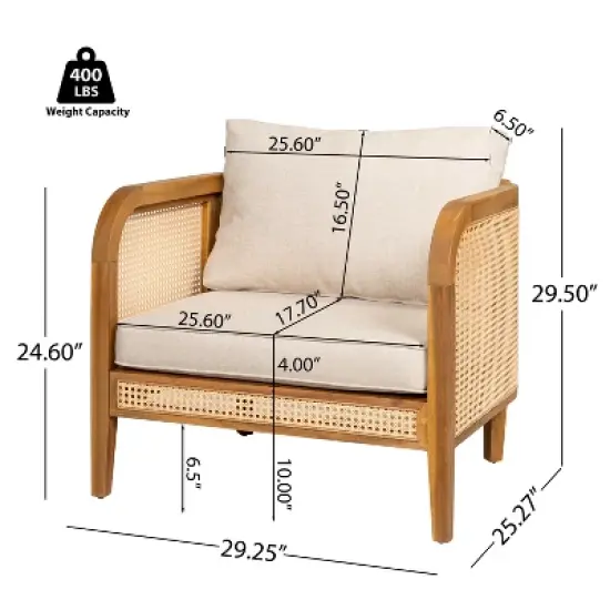 Christopher Knight Home Maciej Patio Rustic Acacia Wood Upholstered Club Chair with Rattan-Wrapped Frame, Teak/Beige image {2}