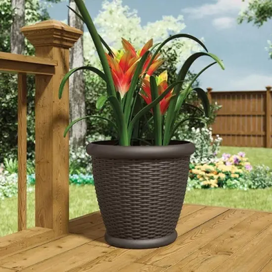 Suncast 18 In Round Decorative Plastic Wicker Style Planter Flower Plant Pot with Drillable Drainage Holes for Indoor or Outdoor Use, Brown (3 Pack) image {5}