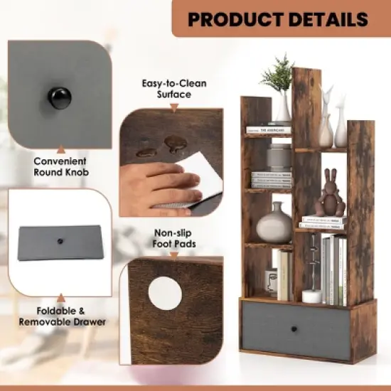 Costway Industrial Bookshelf Rustic Wooden Shelf Organizer with Non-woven Fabric Drawer image {8}