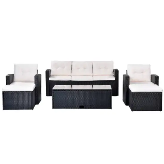 6pc Wicker Patio Conversation Set with Sofa, Arm Chairs, Ottomans & Coffee Table  - Black/Beige - GODEER image {11}