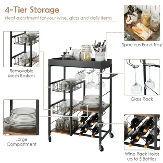 Costway 4-Tier Kitchen Carts  Rolling Serving Trolley Wine Rack Removable Tray Basket image {4}