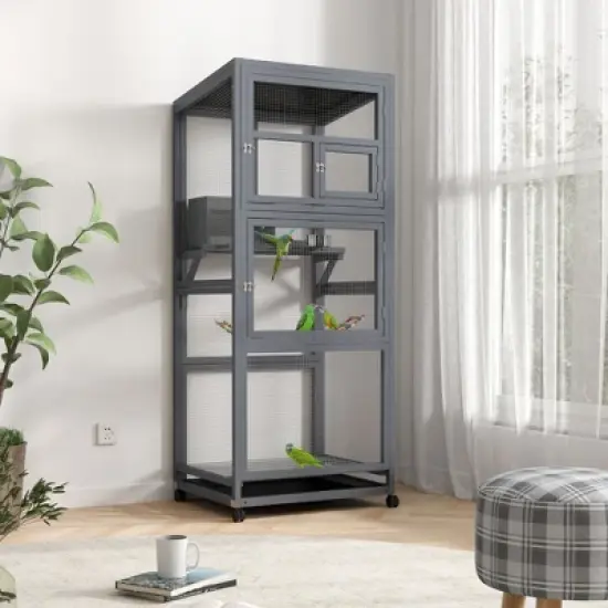 Sandinrayli 68"H Large Wood Bird Cage on Wheels, Outdoor Bird Aviary Indoor Wooden Large Bird Cage Parakeet Cage with Feeder, Gray image {8}