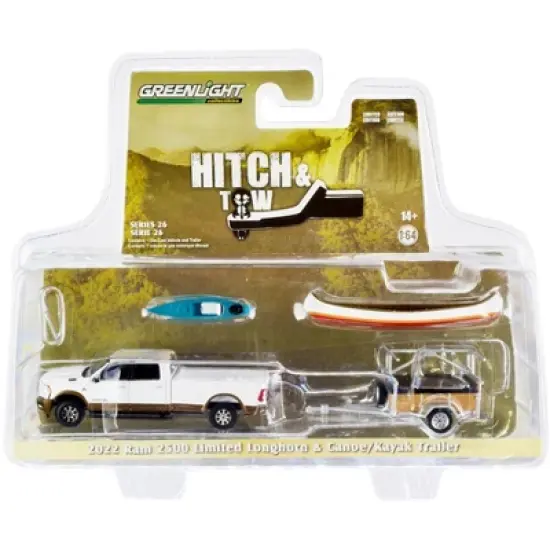 2022 Ram 2500 Ltd Longhorn Truck Bright White & Walnut Brown & Trailer w/Rack Canoe & Kayak 1/64 Diecast Model Car by Greenlight image {2}