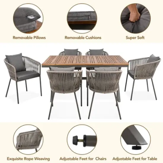 FIONECA 7-Piece Outdoor Patio Dining Set with Acacia Wood Tabletop & Metal Frame, All-Weather Chairs for Garden, Backyard, Balcony &uml;C Grey image {4}