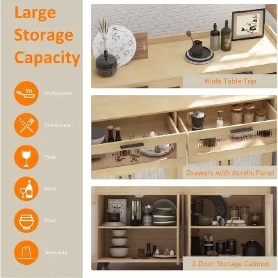 Jojoka 47inch Rustic Sideboard Buffet with Drawers & Doors, Media Console Table with Charging Station and LED Light image {5}