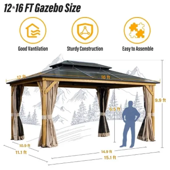 EROMMY Hardtop 16 Ft. W X 12 Ft. D Solid Wood Patio Gazebo image {2}