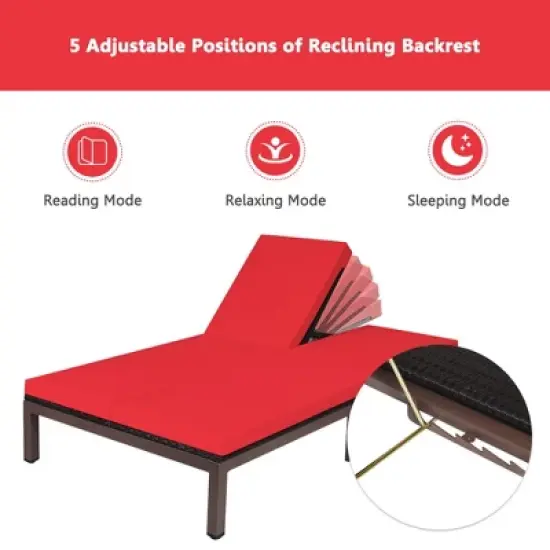 Tangkula Adjustable Patio Rattan 2 Person Recliner Lounge Chair w/ Red Cushion Wheel image {2}
