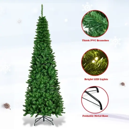 Costway 7.5ft Pre-Lit Hinged Pencil Christmas Tree 350 White Lights image {8}