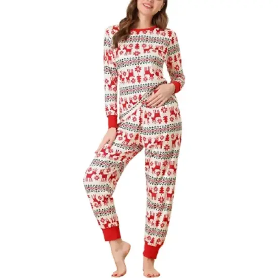 cheibear Womens Sleepwear Crew Neck Christmas Nightwear with Pants Loungewear Pajama Set image {8}