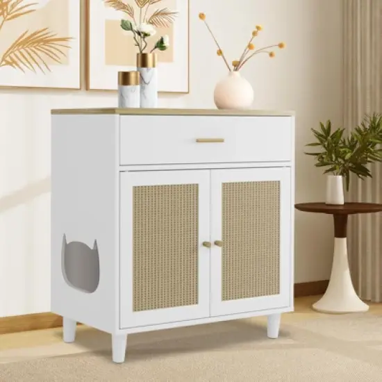 Cat Litter Box Enclosure Furniture, Wooden Cat House with Scratching Board Doors and Storage Drawer image {8}