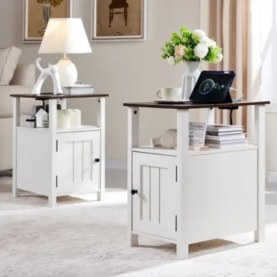 2 PCS Nightstand with Charging Station & Barn Door & Open Shelves，Farmhouse End Table for Bedroom, Living Room image {8}