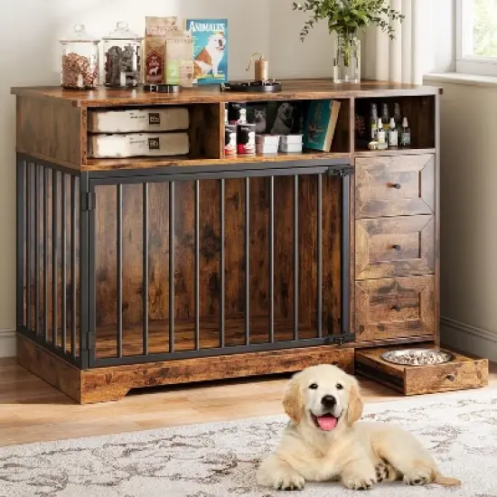 48'' Dog Crate Furniture, Heavy Duty Wooden Dog Kennel with Bowl & Storage Drawers, Indoor End Table for Small Medium Dogs image {8}