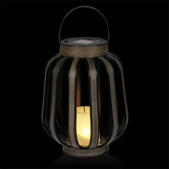 Alpine Corporation 12" Solar Brown Cylindrical Plastic LED Indoor Outdoor Decorative Lantern Off-White image {6}