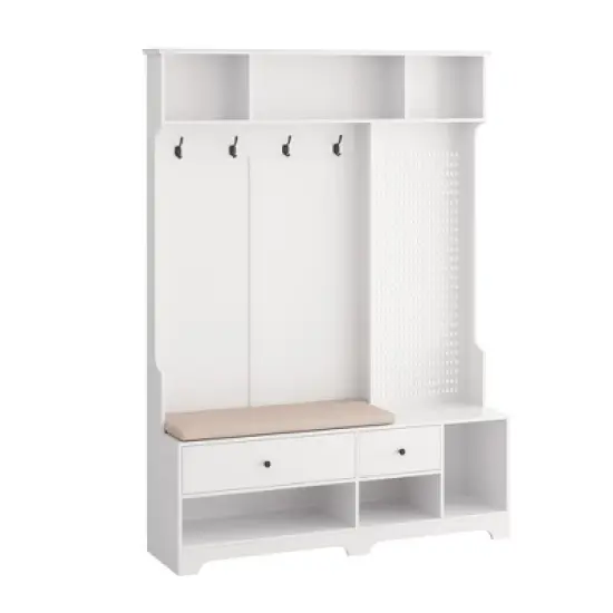 TIRAMISUBEST 4-in-1 Hall Tree with Cushioned Bench & Pegboard - Entryway Organizer, White image {8}