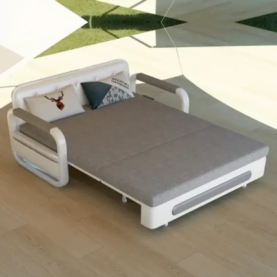 Luck Live Modern Patio Sofas 62.2in extendable pull Outdoor Sofa bed,Solid wood & White metal frame/Gray cushion with storage function image {6}