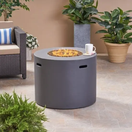 Aidan Outdoor Round Lightweight Concrete Gas Burning Fire Pit - Dark Gray - Christopher Knight Home image {1}
