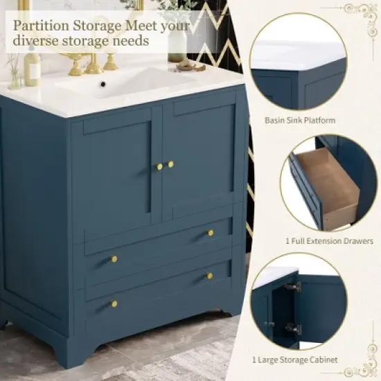 30'' Modern Bathroom Vanity with Ceramic Sink, Freestanding Storage Cabinet with Soft Close  Doors, Drawer & Gold Handles, Blue - ModernLuxe image {6}