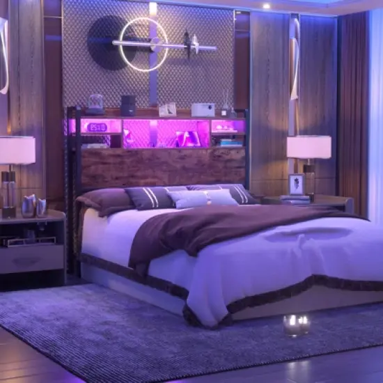 Aheaplus Headboard with Storage shelves and Charging Station, Wood Headboard with LED Light image {2}