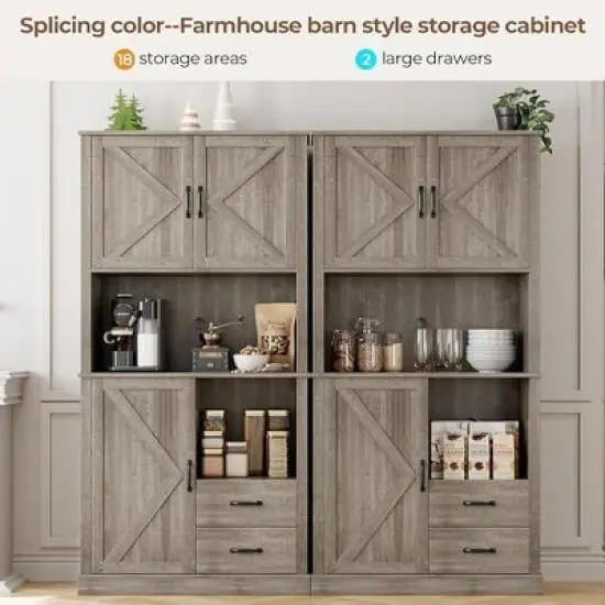 Kitchen Pantry Cabinet with Microwave Stand & Drawers - Tall Hutch Bar Cabinet, Adjustable Shelves, Large Wood Storage for Dining Room, Living Room image {4}