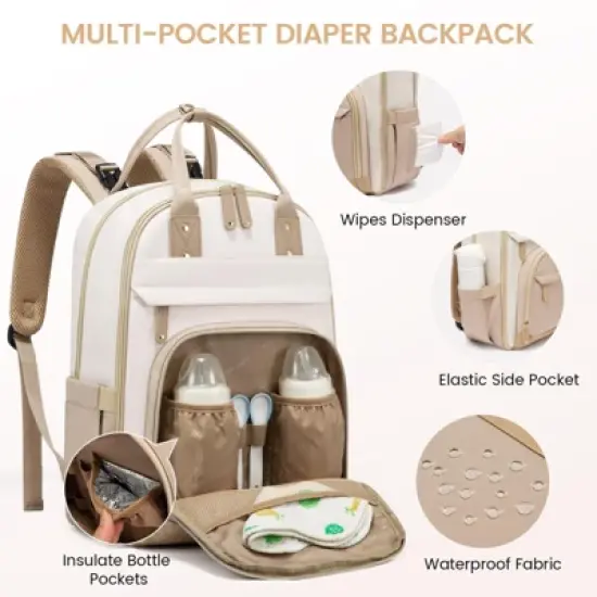Itopfox Large Capacity Diaper Backpack with Changing Pad, Insulated Pockets, Stroller Buckles, Waterproof, Laptop Compartment, Beige-Khaki image {3}